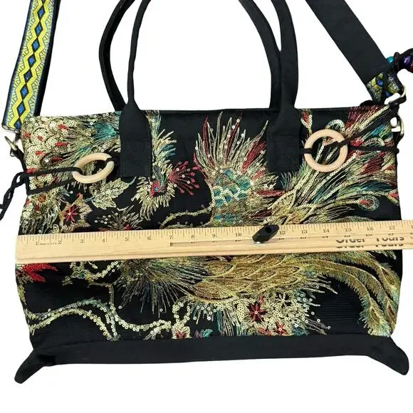 Black Gold Phoenix Floral Gold Sequin Embroidery Tassels Canvas Tote Bag Handbag - Picture 3 of 15